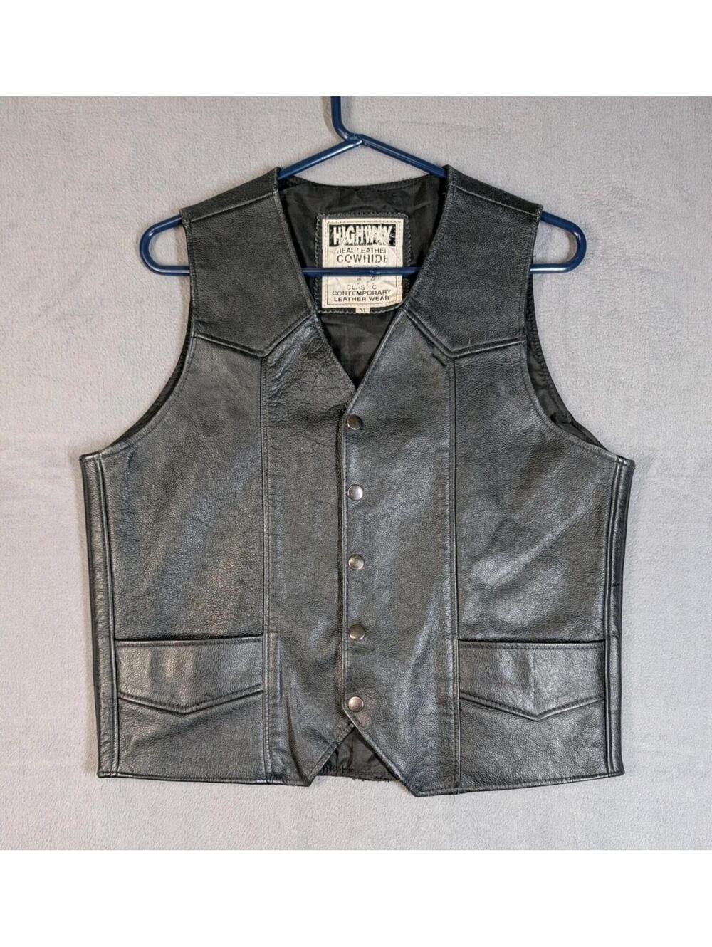 90s Highway Mens Medium Black Leather Vest Cowhide Biker Motorcycle Western Snap